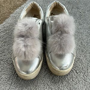 Silver Sam Edelman slip on platform sneakers with fur pom detail size 7.5
